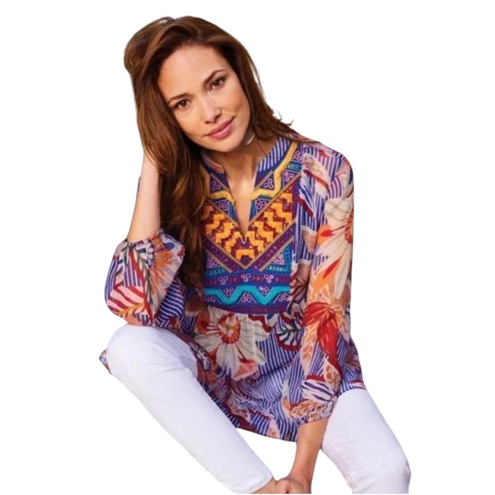 Women’s Soft Surroundings Size Large Multicolored Viscose Sheer “Tory” Tunic Top